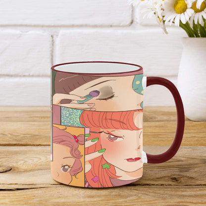 Custom Edge Color Mug (11oz) Kawaii, Anime, Japanese, Girl, Makeup, Beauty, Fun, Sleepover, Feminine, Fun, Cute (Designed by Dunbi)