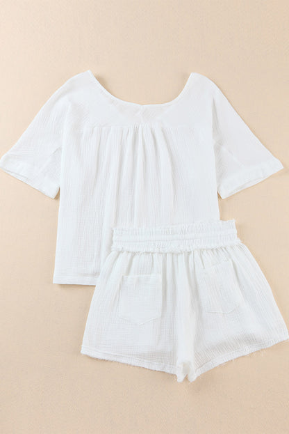 White Relaxed V Neck Blouse and Drawstring Raw Hem Shorts Set