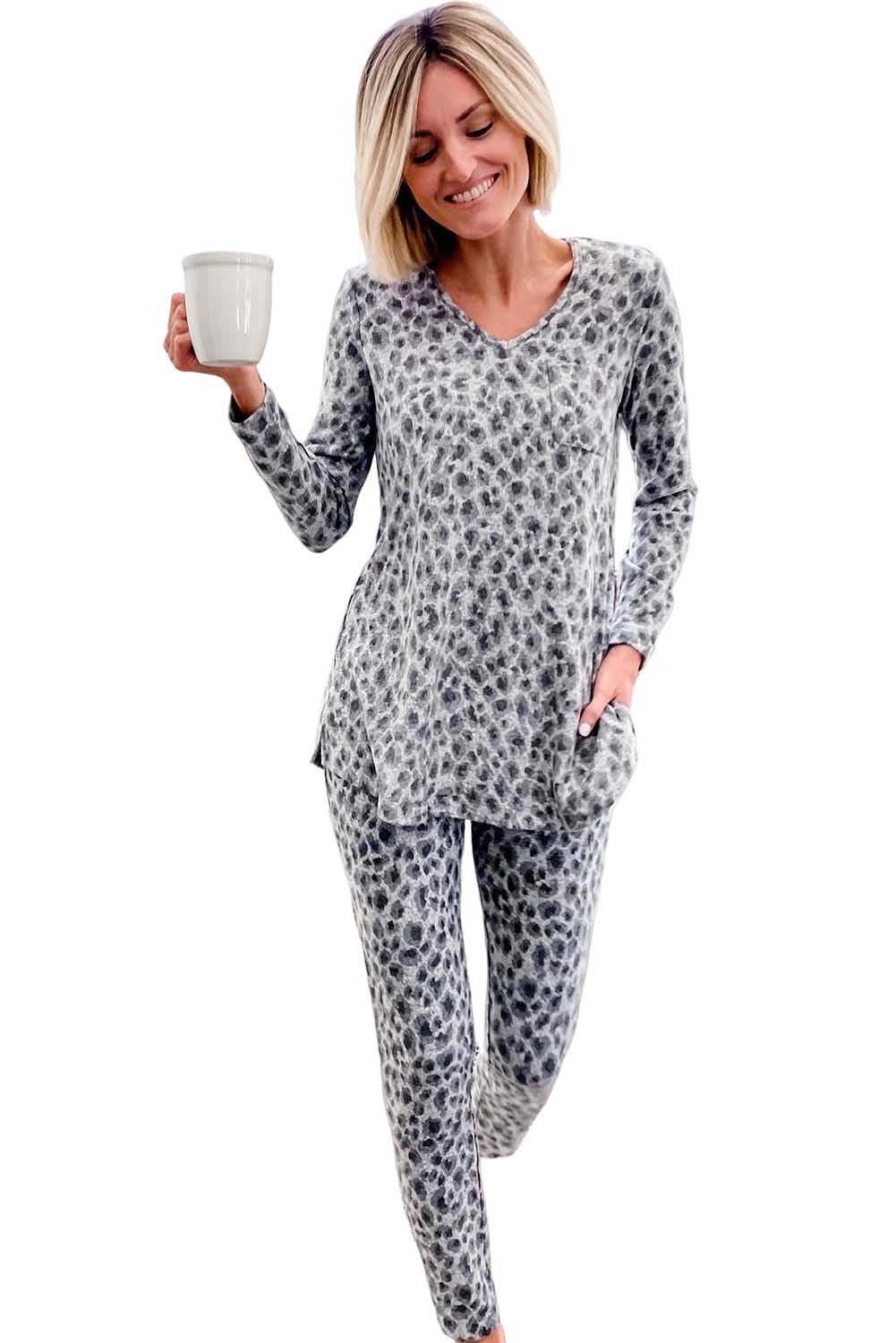 Leopard Long Sleeve Slit Top & Pants Loungewear Set