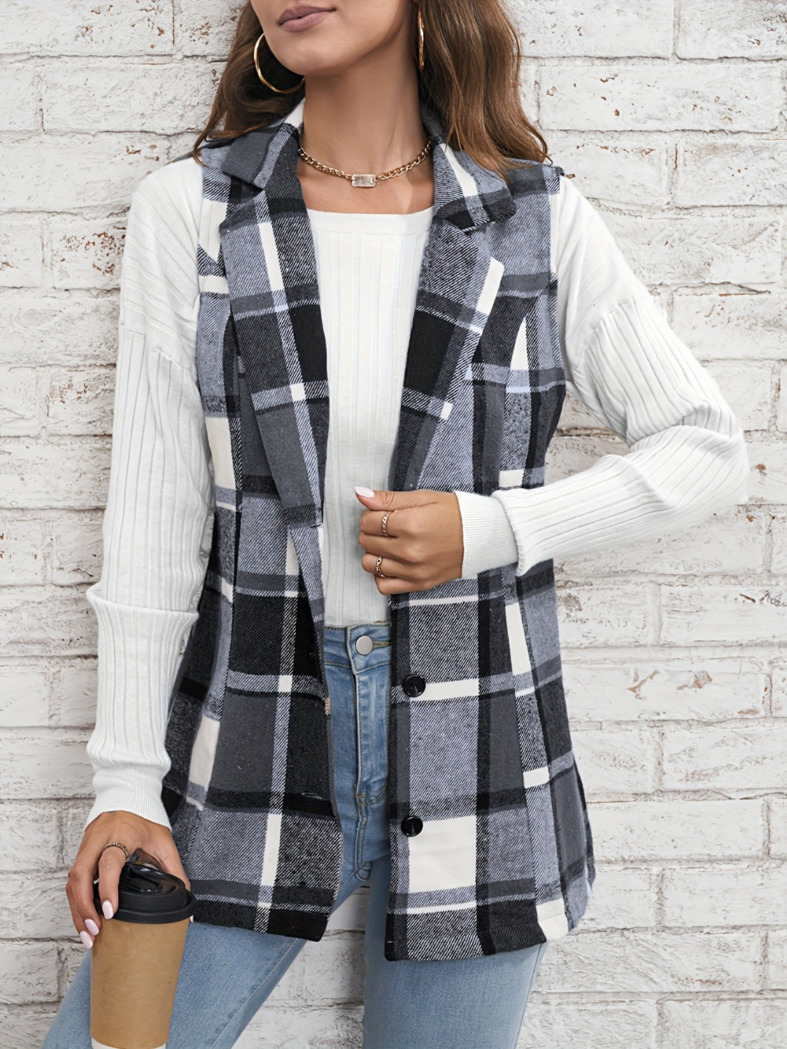 Plaid Button Down Vest Coat