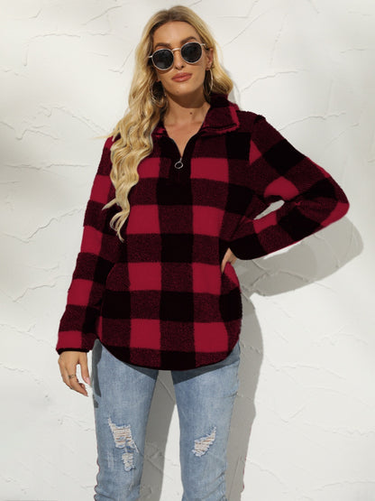 Shiny Plaid Half Zip Long Sleeve Sweatshirt