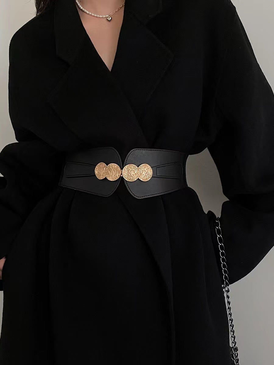 New Women's Belt Elastic Elastic Wide Waist Seal Senior Sense Carved Metal Buckle Everything Coat Shirt Cover Skirt