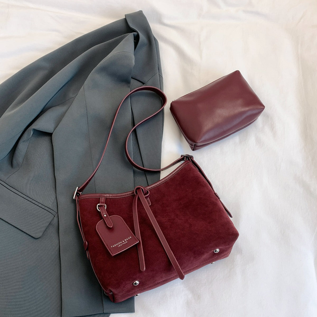 Suede Shoulder Bag and PU Leather Clutch 2 Piece Set