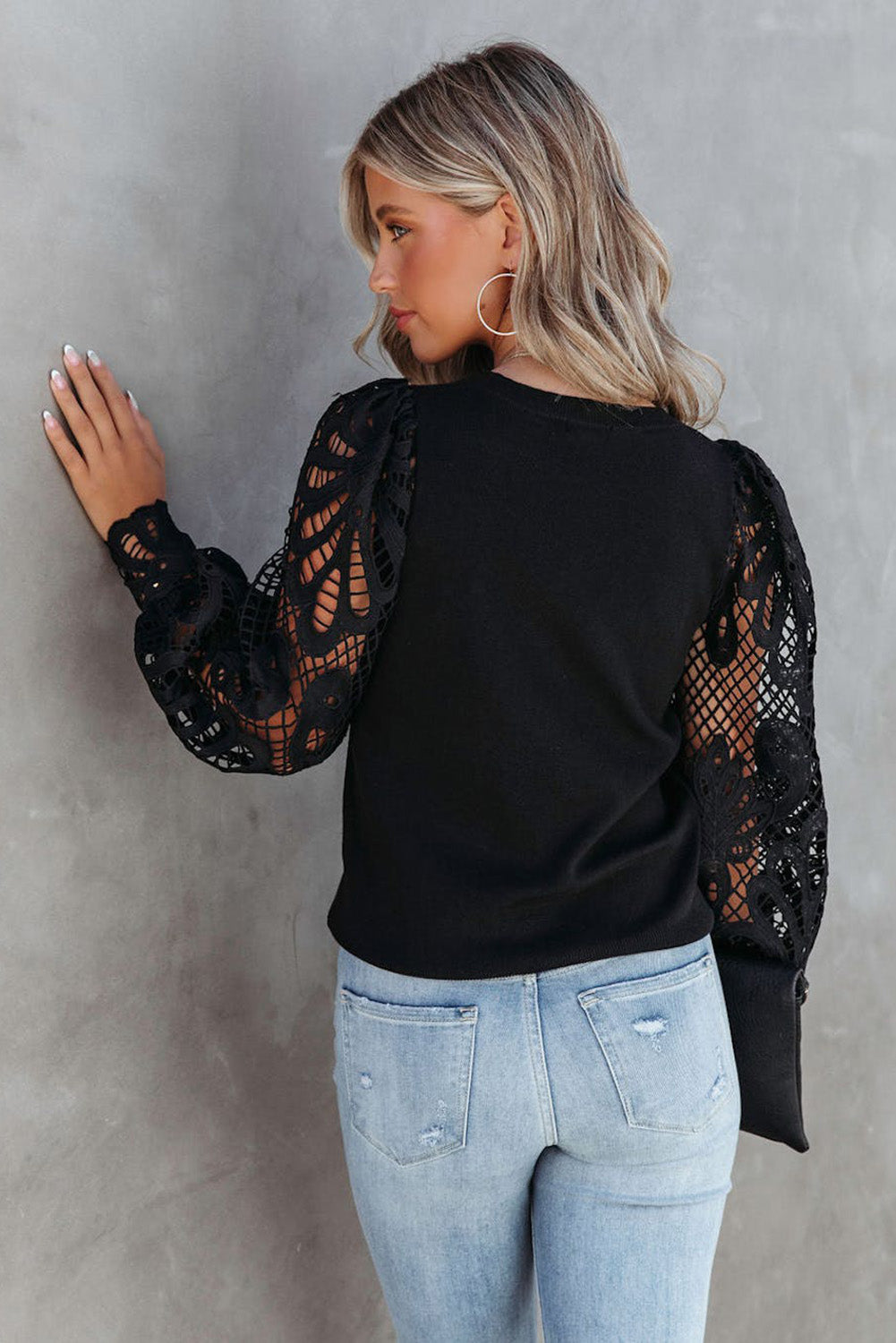 Black Elegant Crochet & Lace Sleeve Crew Neck Top