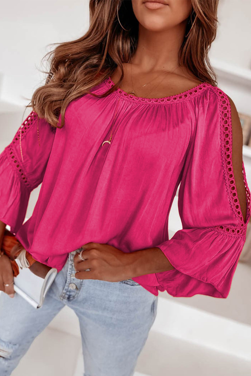 Rose Lace Crochet Cut-Out Bracelet Sleeve Ruffle Blouse