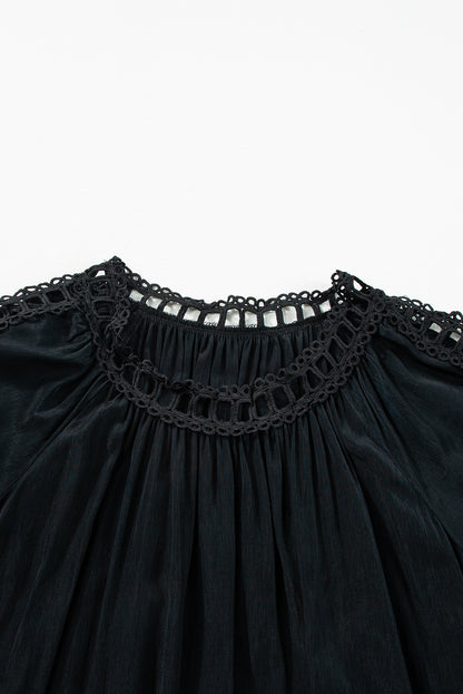 Black Lace Crochet Cut-Out Bracelet Sleeve Ruffle Blouse