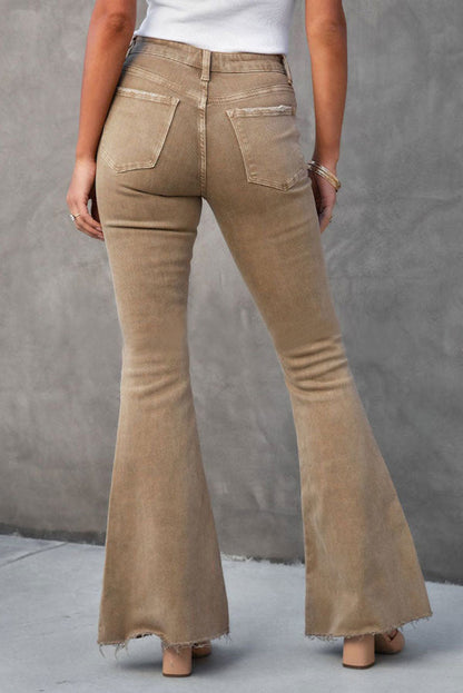 Khaki Basic Raw Hem High Waist Flare Jeans