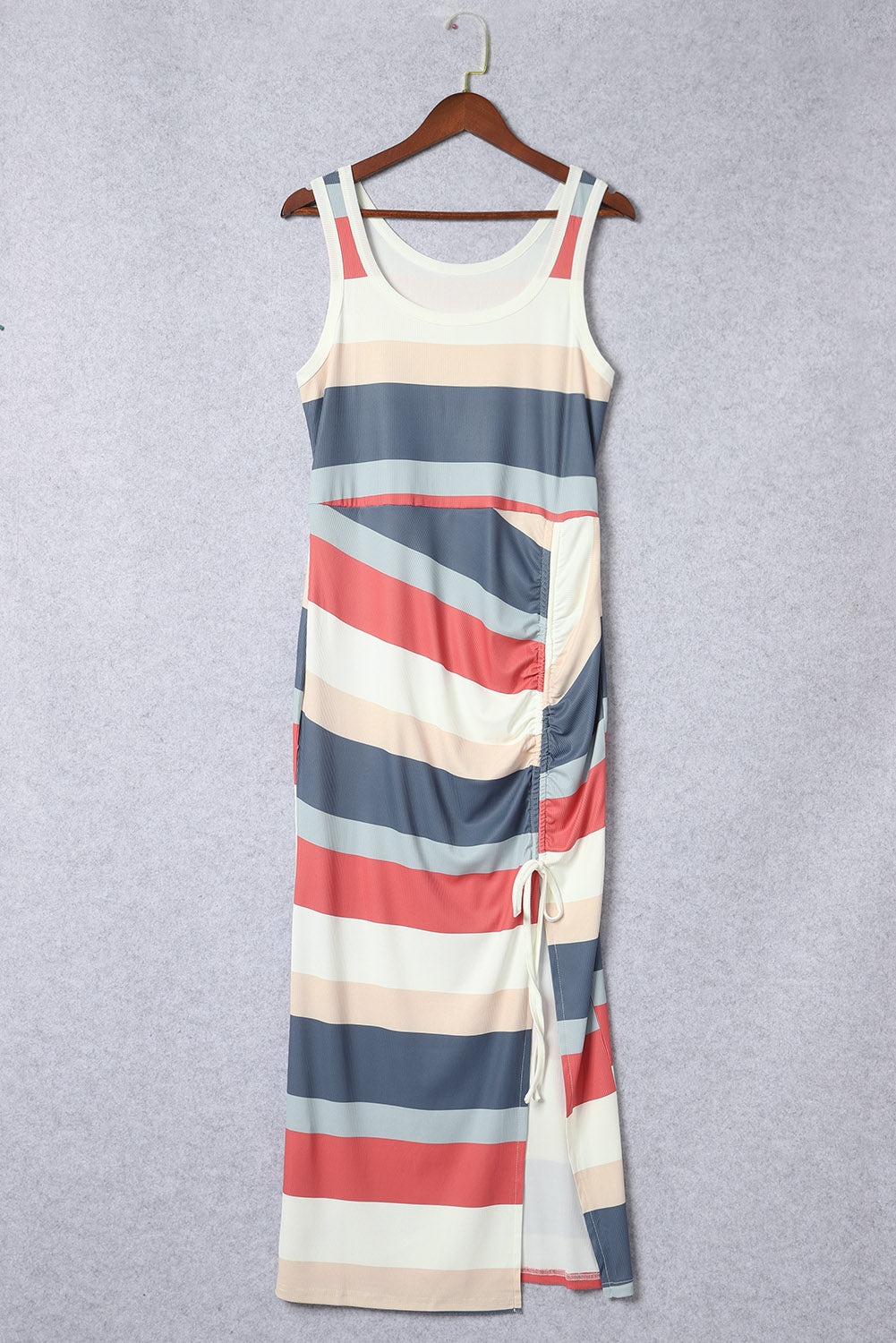 Multicolor Striped Color Block Ribbed Knit Lace-up Slit Tank Dress