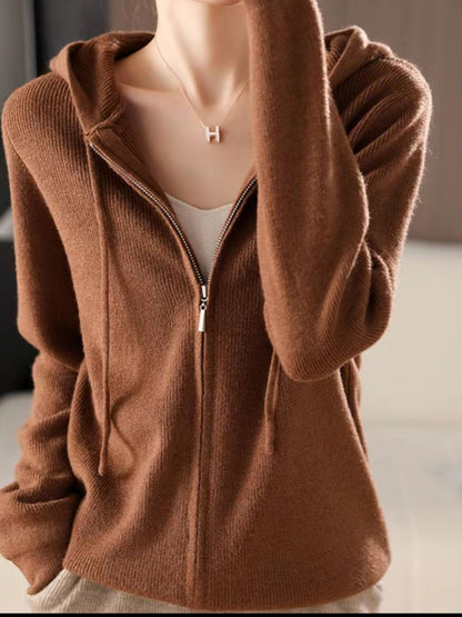 Drawstring Zip Up Long Sleeve Hooded Sweater