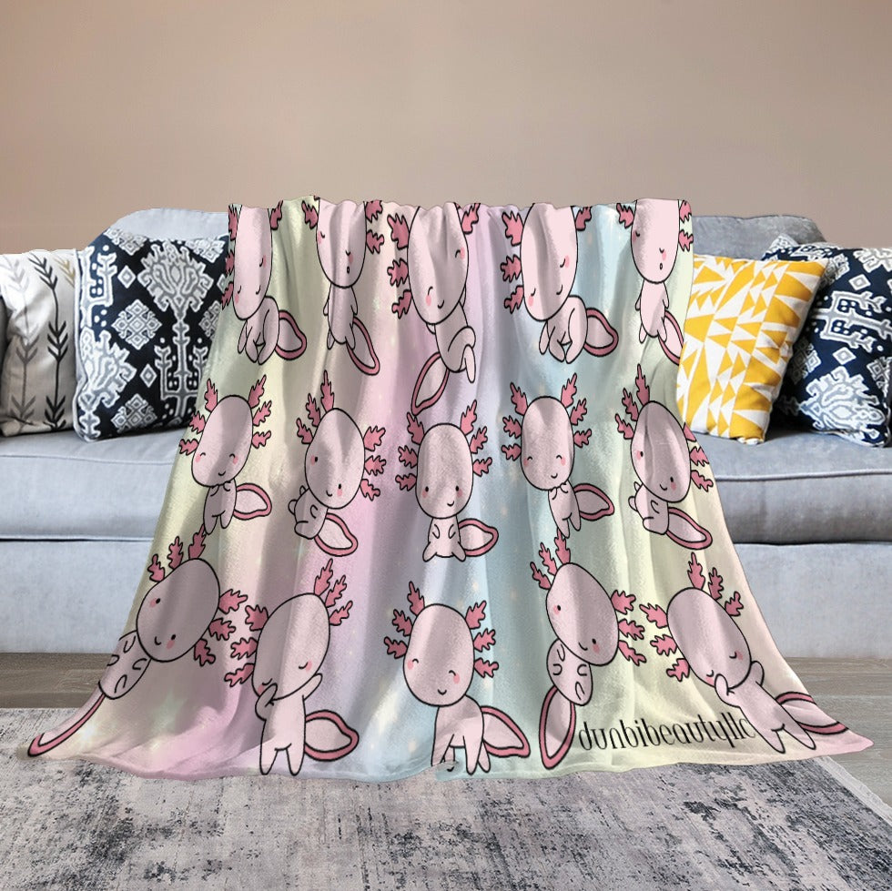 Ultra-Soft Flannel Blanket Multiple Sizes Axolotl, Pastel Rainbow, Cute, Kawaii, Aesthetic, Art, Pink, Blie, Yellow, Green, Purple (Designed by Dunbi)