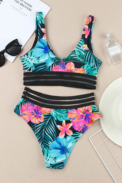 Tropical Floral Print Mesh Splicing Trim Bikini Swimsuit