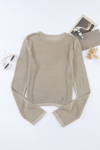 Khaki Hollow-out Knit Long Sleeve Top