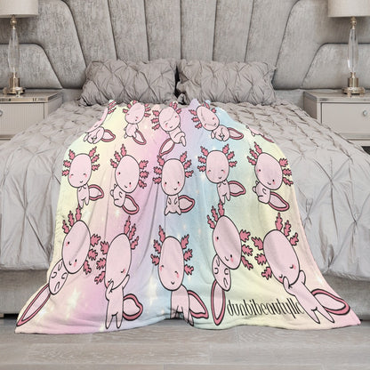 Ultra-Soft Flannel Blanket Multiple Sizes Axolotl, Pastel Rainbow, Cute, Kawaii, Aesthetic, Art, Pink, Blie, Yellow, Green, Purple (Designed by Dunbi)