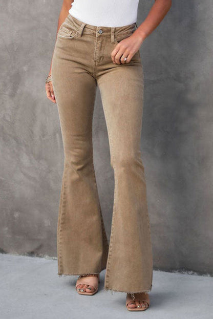 Khaki Basic Raw Hem High Waist Flare Jeans