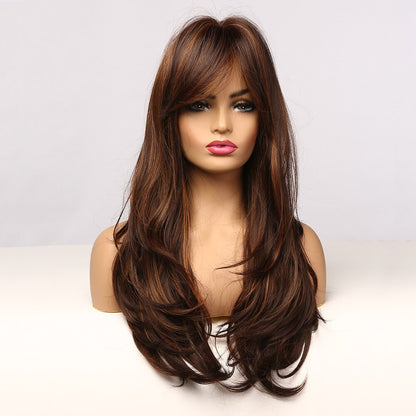 GEMMA Synthetic Long Wavy Dark Brown Golden Highlight Wig for Black Women African American Cosplay Wig with Bangs Heat Resistant