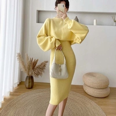 2021 New Fall/Winter Bat Sleeve O-Neck Soft Sweater  + Women&#39;s Knitted Vest Long Dress Two-Piece Dress Sets Femme