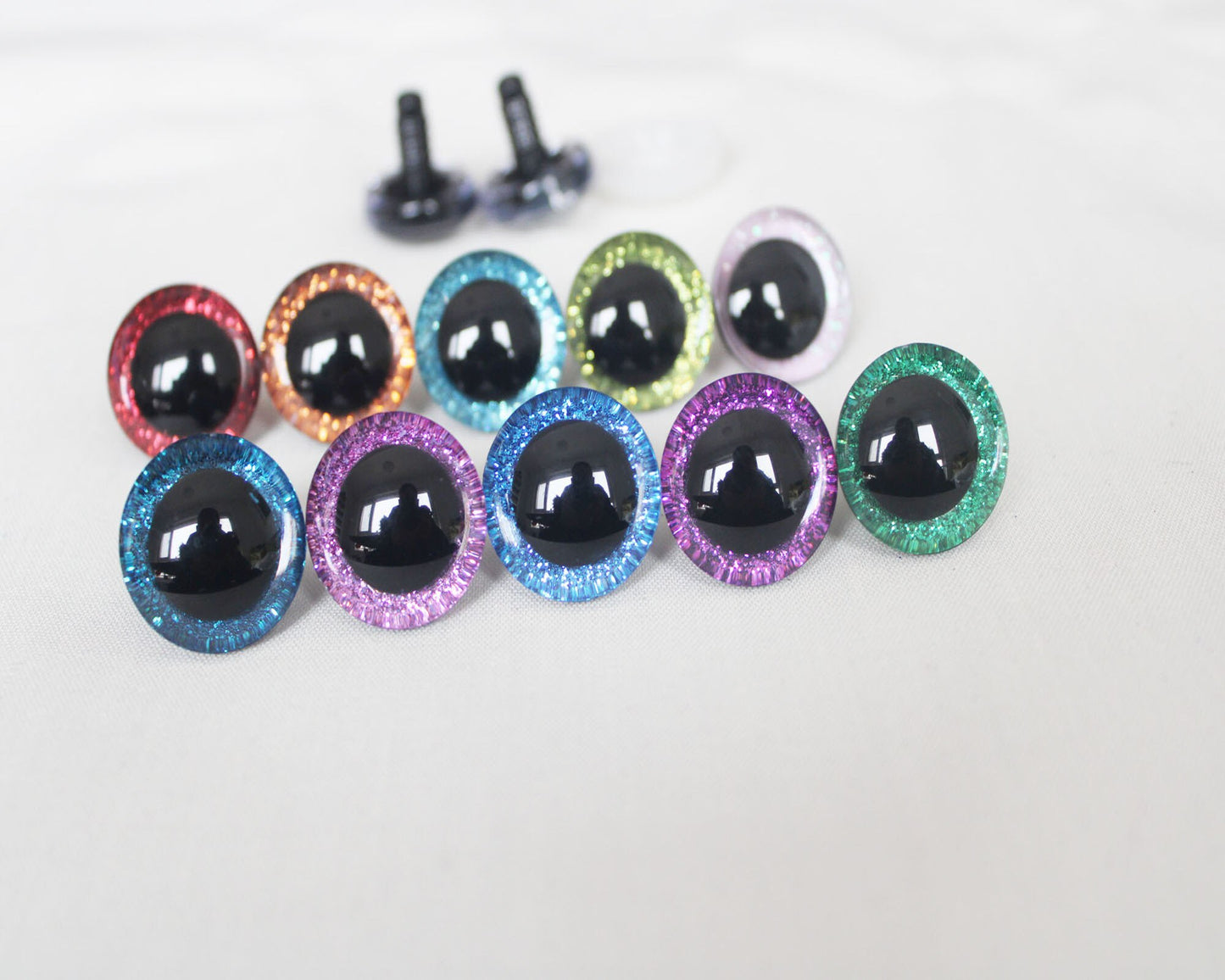 20pcs---9-12-14--16-18- 20 -24--30-35mm clear 3D glitter eyes plastic safety toy eyes long stem + glitter fabric + washer