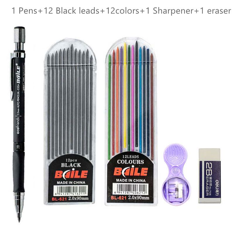 2.0mm Mechanical Pencil Set 2B Automatic Pencils with Color/Black Lead Refills for Draft Drawing, Writing, Crafting, Art Sketch