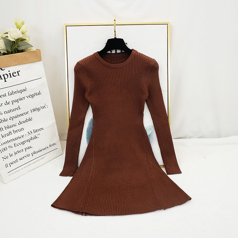 New Women Vintage Dress Auutmn Winter Long Sleeve Slim A Line Short Sweater Dresses Eleagnt Ladies Knitted Robe Vestidos Mujer