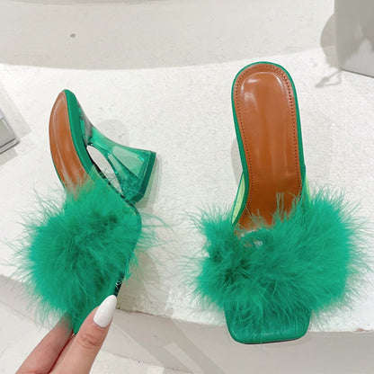 Size 35-41 Sexy Strange Transparent Heels Slippers Fashion Fur Feather Summer Sandals Peep Toe Slip-On Clear Shoes Women Slides