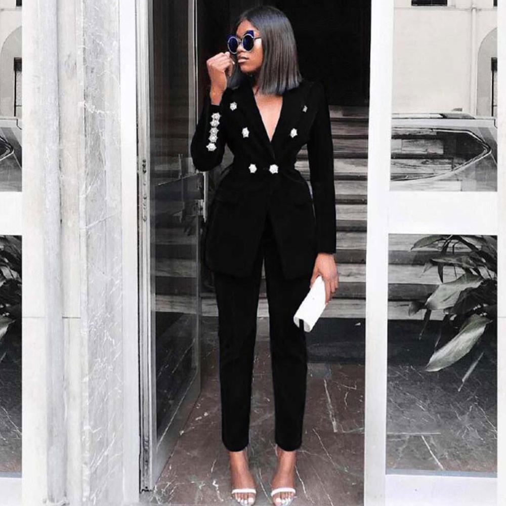 Ocstrade Summer Sets for Women 2020 New Navy Blue V Neck Long Sleeve Sexy 2 Piece Set Outfits High Quality Two Piece Set Suit