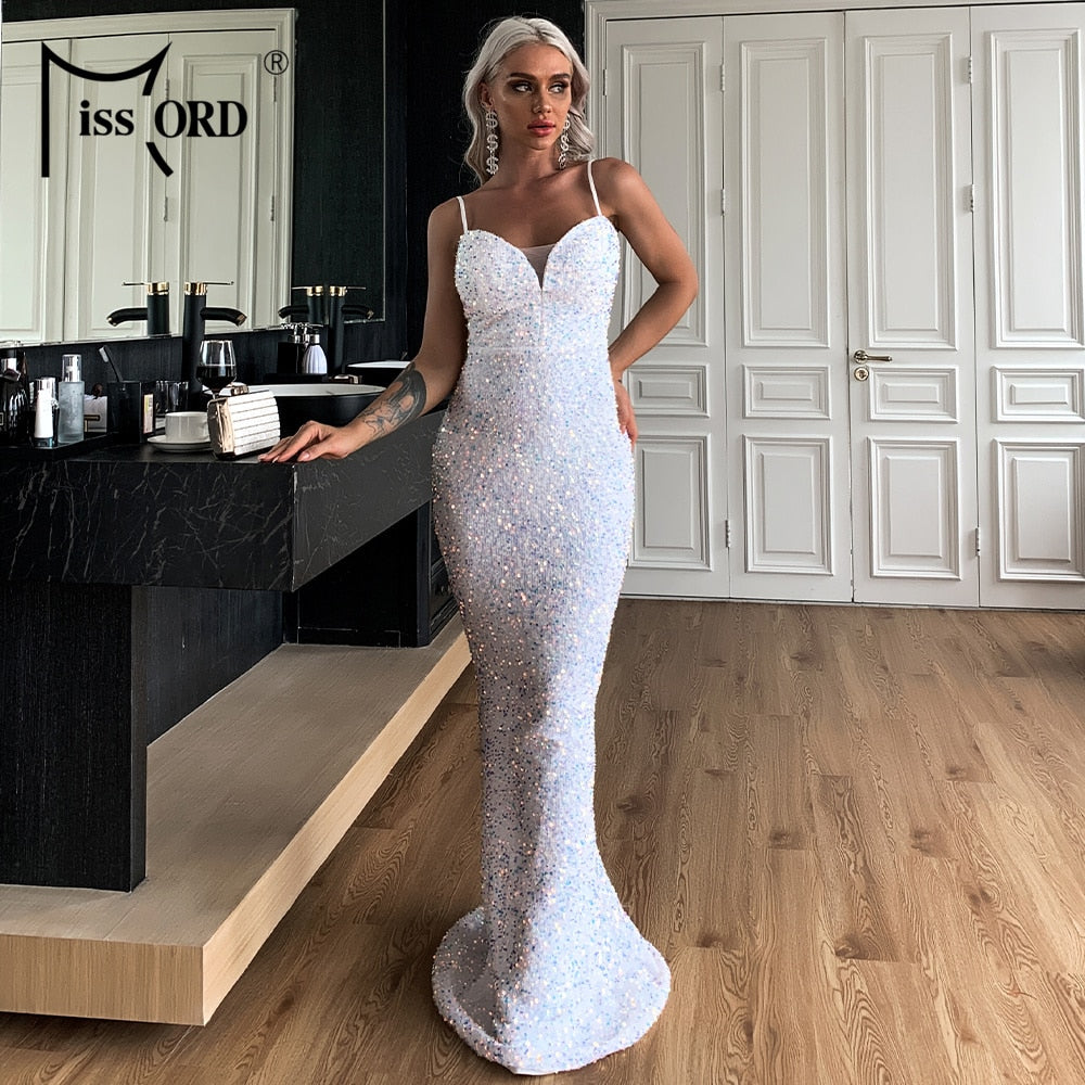 Missord Maxi Dress Women 2022 Sequins V Neck Party Fashion Sexy   Evening Spaghetti Strap Bodycon Long Dresses Sleeveless White