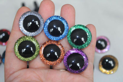 20pcs---9-12-14--16-18- 20 -24--30-35mm clear 3D glitter eyes plastic safety toy eyes long stem + glitter fabric + washer