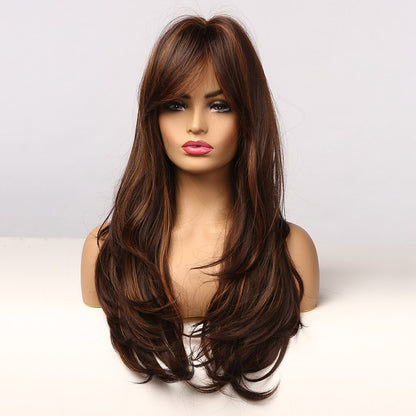 GEMMA Synthetic Long Wavy Dark Brown Golden Highlight Wig for Black Women African American Cosplay Wig with Bangs Heat Resistant