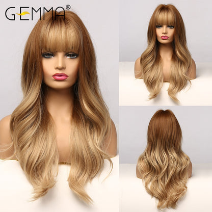 GEMMA Synthetic Long Wavy Dark Brown Golden Highlight Wig for Black Women African American Cosplay Wig with Bangs Heat Resistant