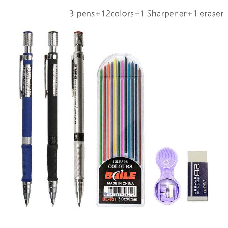 2.0mm Mechanical Pencil Set 2B Automatic Pencils with Color/Black Lead Refills for Draft Drawing, Writing, Crafting, Art Sketch