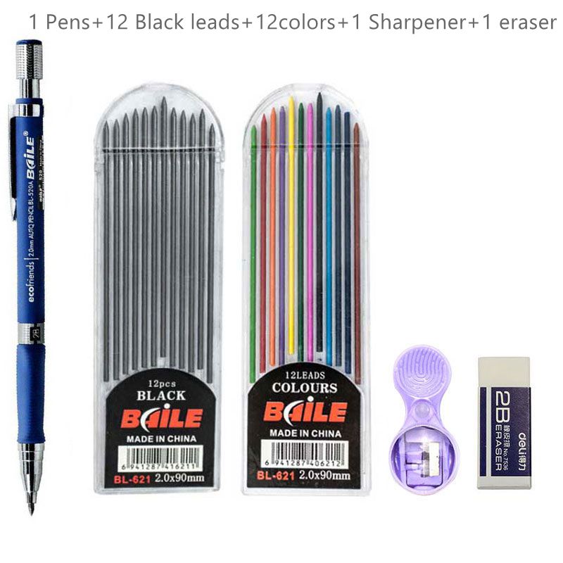 2.0mm Mechanical Pencil Set 2B Automatic Pencils with Color/Black Lead Refills for Draft Drawing, Writing, Crafting, Art Sketch