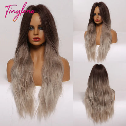 TINY LANA Synthetic Long Ombre Wavy Wigs Brown Blonde Middle Part Cosplay Wigs with Bangs For Women Long Hair Wigs Fake Hair