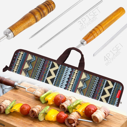 Stainless Steel Barbecue Skewer Set Portable BBQ Needle Stick Fork Set Wooden Handle