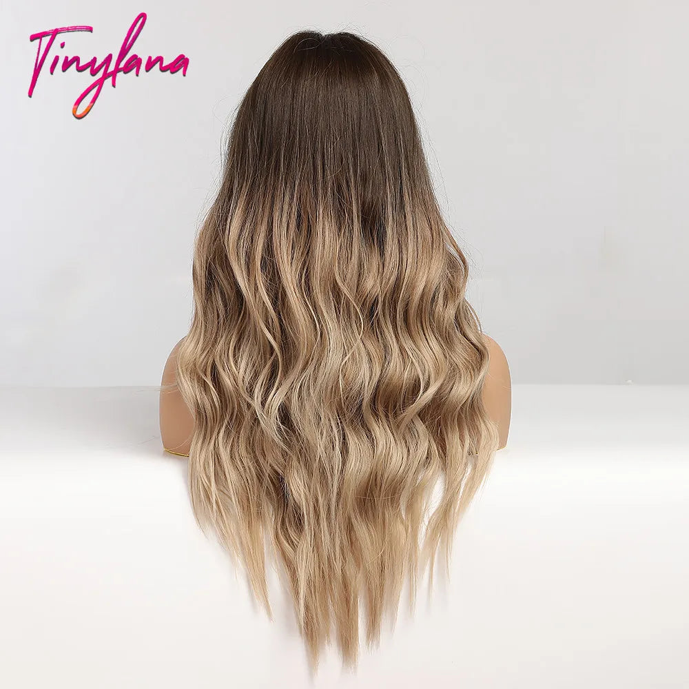 TINY LANA Synthetic Long Ombre Wavy Wigs Brown Blonde Middle Part Cosplay Wigs with Bangs For Women Long Hair Wigs Fake Hair