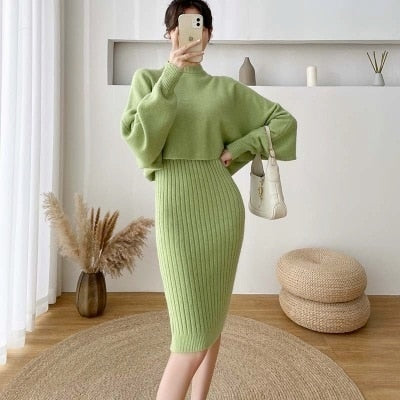 2021 New Fall/Winter Bat Sleeve O-Neck Soft Sweater  + Women&#39;s Knitted Vest Long Dress Two-Piece Dress Sets Femme