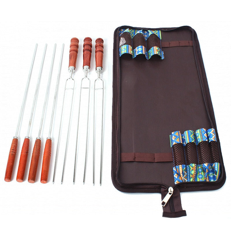 Stainless Steel Barbecue Skewer Set Portable BBQ Needle Stick Fork Set Wooden Handle