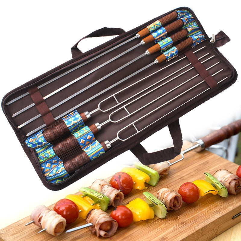 Stainless Steel Barbecue Skewer Set Portable BBQ Needle Stick Fork Set Wooden Handle