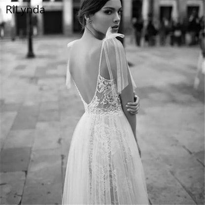 NEW High Slits Wedding Dresses Backless Bohemia Sexy Spaghetti Neckline Lace Appliqued Bridal Gowns Plus Size Wedding Dres