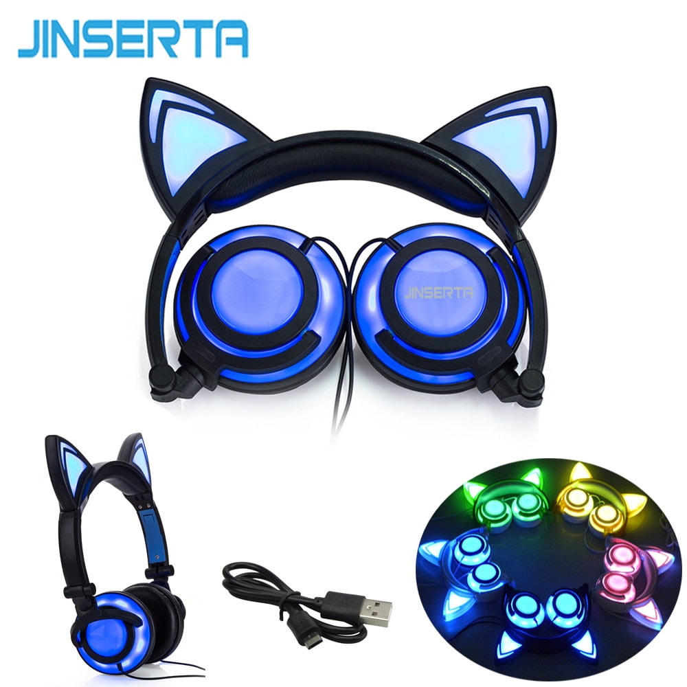 JINSERTA 2020 Cat Ear headphones LED Ear headphone cat earphone Flashing Glowing Headset Gaming Earphones for Adult and Children