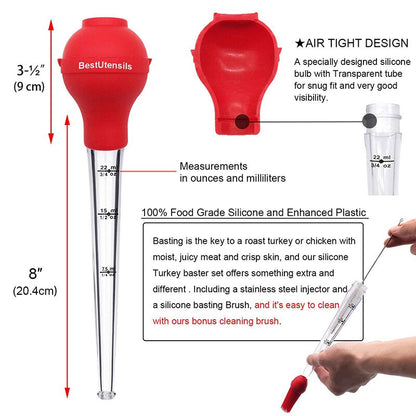 Turkey Baster Set of 4, Quality Silicone Bulb Including Meat arinade Injector Needle with Barbecue Basting Brush For Easy Clean