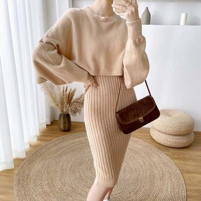 2021 New Fall/Winter Bat Sleeve O-Neck Soft Sweater  + Women&#39;s Knitted Vest Long Dress Two-Piece Dress Sets Femme