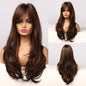 GEMMA Synthetic Long Wavy Dark Brown Golden Highlight Wig for Black Women African American Cosplay Wig with Bangs Heat Resistant