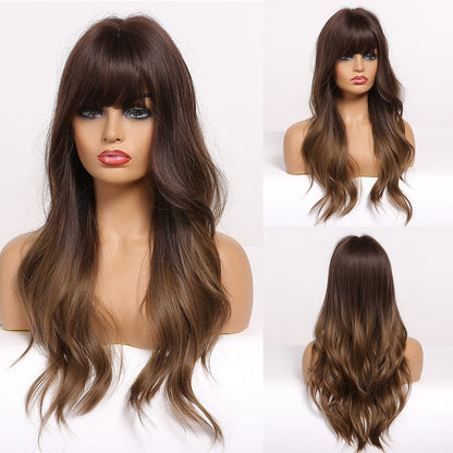 GEMMA Synthetic Long Wavy Dark Brown Golden Highlight Wig for Black Women African American Cosplay Wig with Bangs Heat Resistant