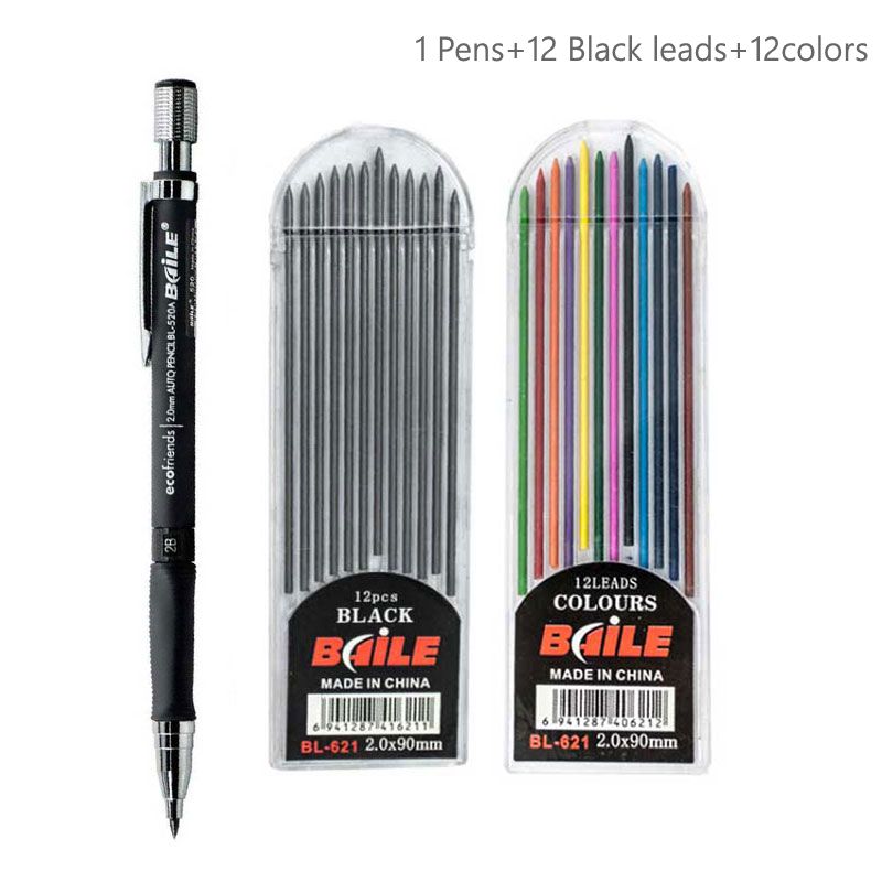 2.0mm Mechanical Pencil Set 2B Automatic Pencils with Color/Black Lead Refills for Draft Drawing, Writing, Crafting, Art Sketch