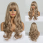 GEMMA Synthetic Long Wavy Dark Brown Golden Highlight Wig for Black Women African American Cosplay Wig with Bangs Heat Resistant