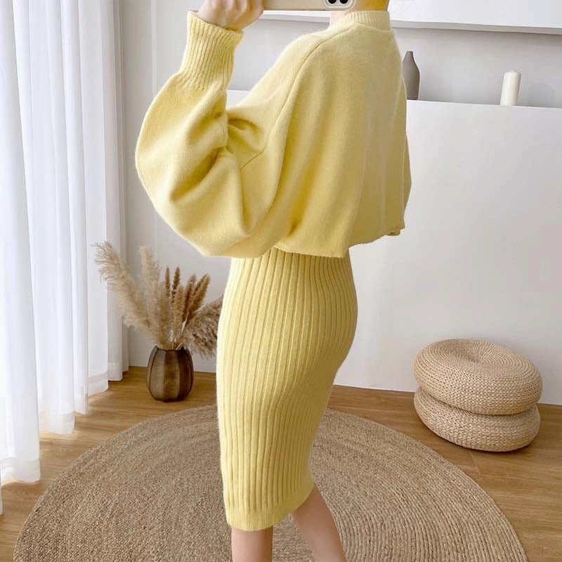 2021 New Fall/Winter Bat Sleeve O-Neck Soft Sweater  + Women&#39;s Knitted Vest Long Dress Two-Piece Dress Sets Femme