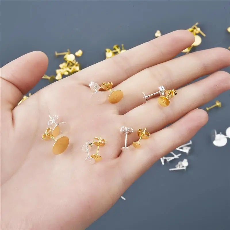 50pcs/lot 925 Silver Plated Blank Post Earring Studs Base Pin With Earring Plug Findings Ear Back DIY Jewelry Making Accessories