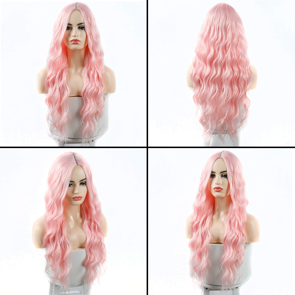 AZQUEEN Synthetic Wig for Women Long Pink Wigs Water Wave Heat Resistant Middle Part Natural Hair Wig Cosplay Wigs