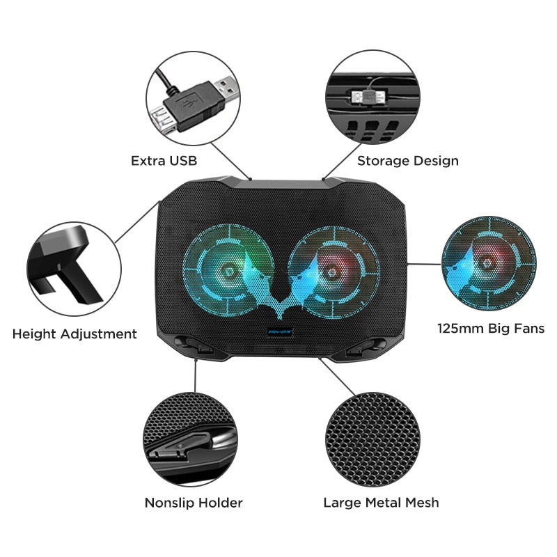 PopuPine Gaming Laptop Cooler with 2 Quiet Big Fans, RGB 7 Color Light Change Portable USB Laptop Cooling Pad 11 to 15.6 Inch