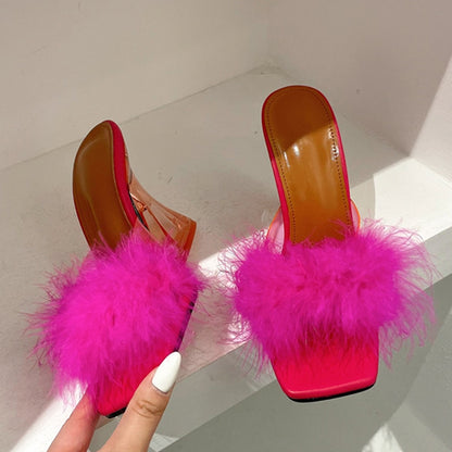 Size 35-41 Sexy Strange Transparent Heels Slippers Fashion Fur Feather Summer Sandals Peep Toe Slip-On Clear Shoes Women Slides